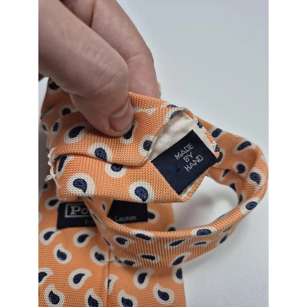 Polo Ralph Lauren Tie Mens One Size Orange Paisley 100% Silk Handmade USA